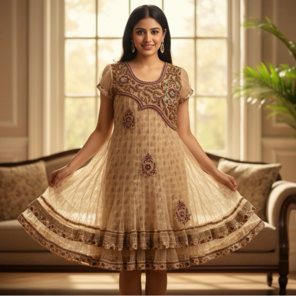 Embellished Anarkali Dress Beaded Sequin Chiffon Gold Formal XS 32